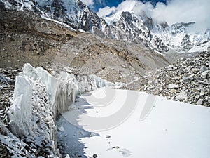 Ice stalactite in kumbhu ice fall, . Beautiful cave and rocks