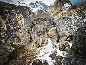 Ice stalactite in kumbhu ice fall, . Beautiful cave and rocks