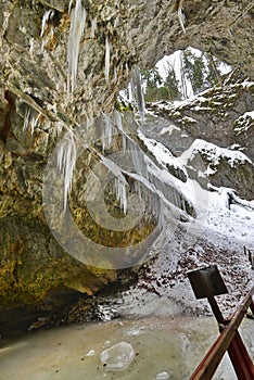 Ice stalactite near the sink-hole to enter the Scarisoara cave, Romania..