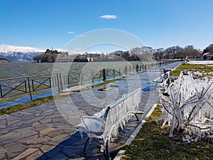 Ice stalactites in ioannina city greece in winter season in front of lake pamvotis greece