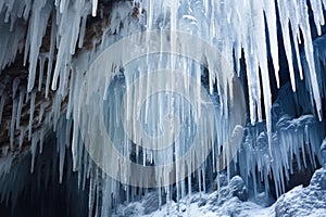 ice stalactites and stalagmites meeting in an ice cave