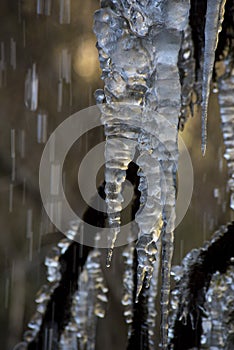 ice stalagtites formed in a natural waterfall