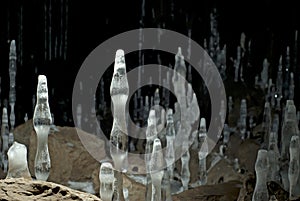 Ice stalks-stalagmites on the floor of the cave