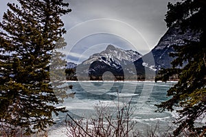 Ice starting to break up on the lake, Gap Lake Provincial Recreation Area, Alberta, Canada