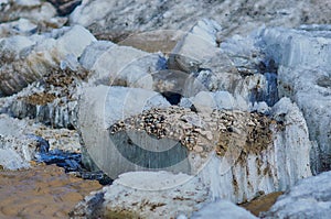 Ice structure of river hummocks in spring. Sand and stones.