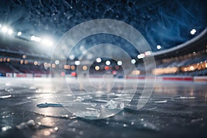 Ice surface covered scratches and stadium in the background