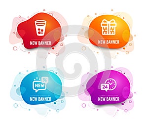 Ice tea, Gift box and New icons. 24h service sign. Soda beverage, Present package, Discount. Call support. Vector
