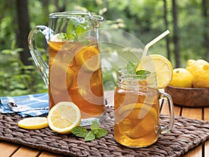 Ice tea in glass jar and pitcher with lemon and mint