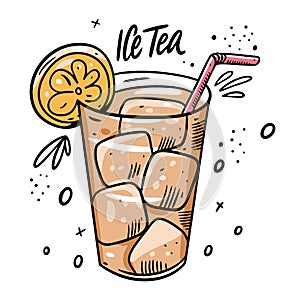 Ice tea with lemon and ice cube. Cartoon style vector illustration. Isolated on white background.