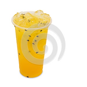 Ice tea passion fruit in takeaway glass isolated on white photo