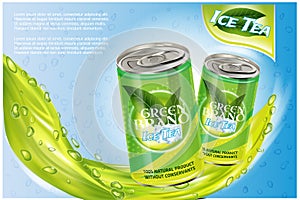 Ice tea products ad. Vector 3d illustration. Soft drink aluminium can template design. Green tea bottle advertisement