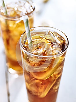 Ice tea with straw closeup