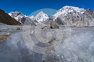 Ice texture of Vigne glacier with K2 and Broadpeak mountain back photo