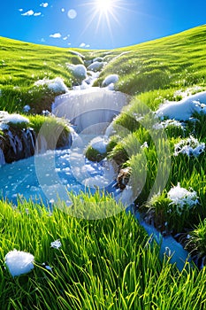 Ice thawing, green grass, and sunlight - Spring\'s awakening, revival
