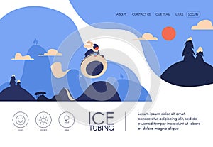 Ice tubing landing page with happy kid riding tube donut in winter landscape. Healthy lifestyle banner template