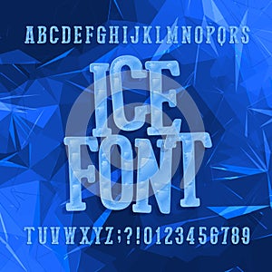 Ice typeface. Alphabet font. Letters and numbers. Abstract blue background.