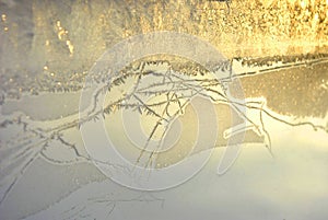 Ice on the window glass, golden light, natural background texture close-up