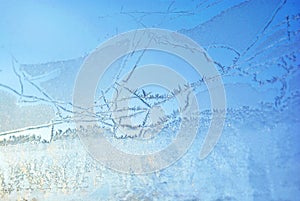 Ice on the window glass, natural background texture close-up