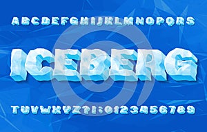 Iceberg alphabet font. 3D ice letters and numbers with shadow. Abstract geometric background.