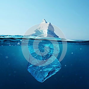 Iceberg with bottle in the ocean underwater. Environmental pollution. Plastic water bottles pollute ocean photo