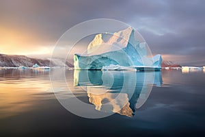 iceberg calving with rainbow reflecting on water