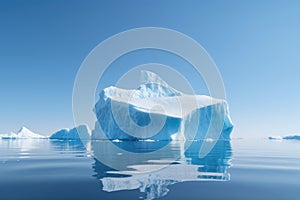 iceberg calving under a clear blue sky, surrounded by icy waters