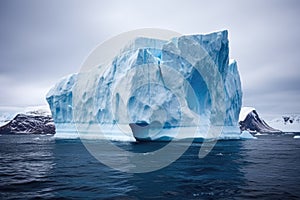 iceberg with chunks of ice falling into the ocean calving event