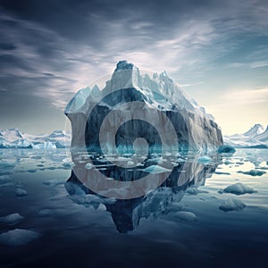 Iceberg in clear blue water and hidden danger underwater. Iceberg hidden danger and global warming concept. Floating ice