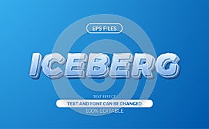 Iceberg cold 3d white blue strong carving ice editable text effect. eps vector file