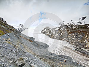 Iceberg Findelgletscher in stony valley bellow Adlerhorn massif, Zermatt region, Switzerland. The rest of ice at end of autumn