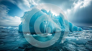 iceberg floating in icy waters, with intricate patterns of blue and white ice glistening in the sunlight