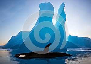 Iceberg floating with a killer whale or orca breaching the water with sky background.