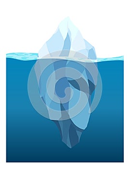 Iceberg floating in water. Arctic glacier. Futuristic polygonal illustration on blue background. Huge white block of ice