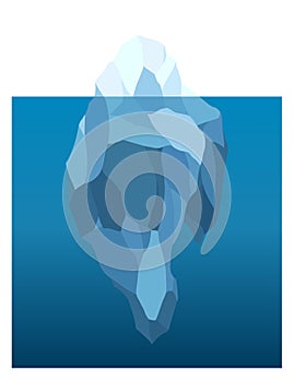 Iceberg floating in water. Arctic glacier. Futuristic polygonal illustration on blue background. Huge white block of ice
