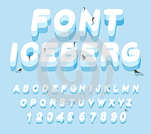 Iceberg font. 3D letters of ice. Ice alphabet letter. ABC of snow. Large cold ice. Penguins Animals of the Arctic. Animals