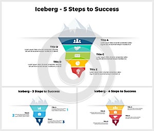 Iceberg infographic. 3, 4, 5 steps to success. Presentation slide template. Startup business. Analytics of the processes