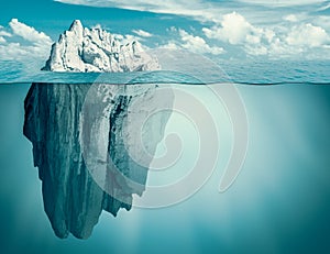 Iceberg in ocean. Hidden threat or danger concept. 3d illustration.