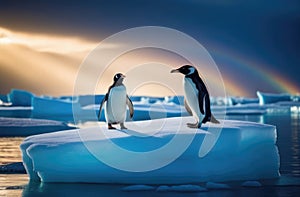 iceberg in the ocean, the kingdom of ice and snow, a pair of penguins on an ice floe, the far north