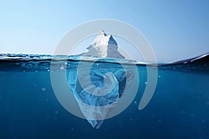 Iceberg - plastic bag with a view under the water. Pollution of the oceans. Plastic bag environment pollution with iceberg.