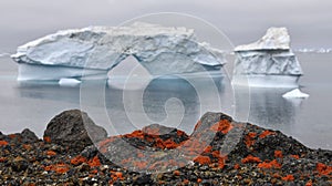 Iceberg and stony coast of Greenland. Red lichen on the shore stones. Nature and landscapes of Greenland.