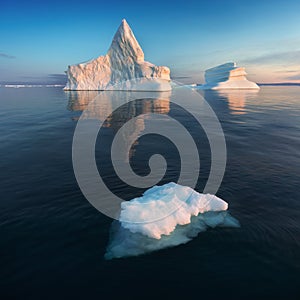 Iceberg at sunset. Nature and landscapes of Greenland. Disko bay. West Greenland. Summer Midnight Sun and icebergs. Big blue ice