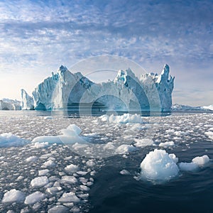 Iceberg at sunset. Nature and landscapes of Greenland. Disko bay. West Greenland. Summer Midnight Sun and icebergs. Big blue ice