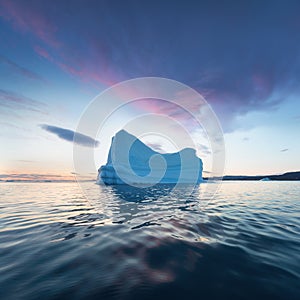 Iceberg at sunset. Nature and landscapes of Greenland. Disko bay. West Greenland. Summer Midnight Sun and icebergs. Big blue ice