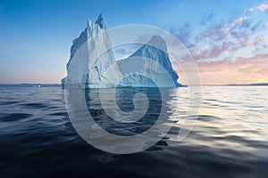 Iceberg at sunset. Nature and landscapes of Greenland. Disko bay. West Greenland. Summer Midnight Sun and icebergs. Big blue ice