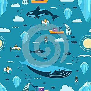 Iceberg vector seamless pattern with mammals, fish and ship