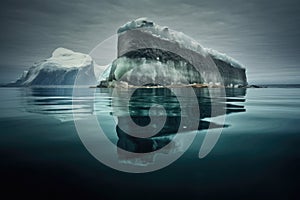 iceberg with a visible split, showcasing layers underwater