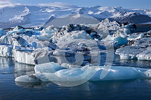 Icebergs coming from the Skaftafellsjokul glacier in the Jokulsarlon lagoon in Iceland