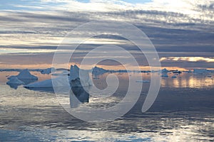 Icebergs dot the horizon at sunset in northwest Greenland