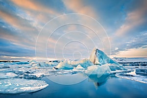 Icebergs float on Jokulsarlon glacier lagoon, in Iceland.