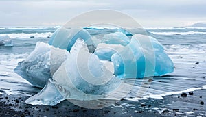 Icebergs float in the turquoise waters of a glacial lagoon fed by Vatnajokutl Glacier photo